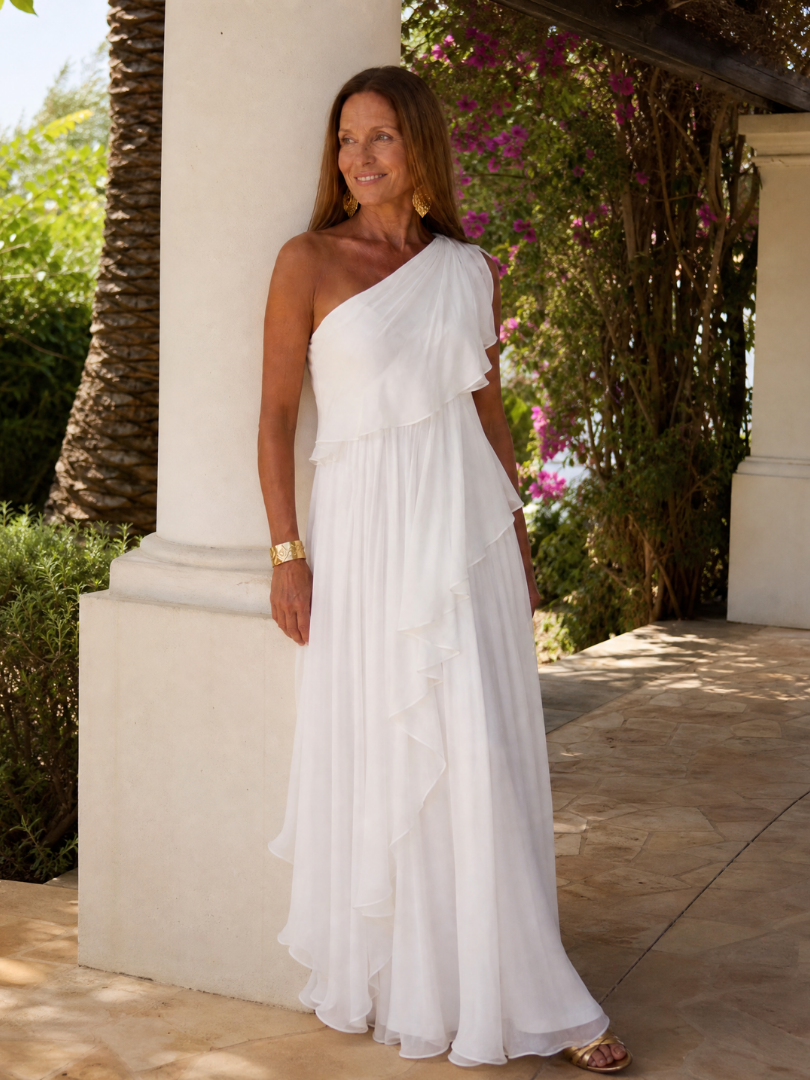 Robe maxi femme asymétrique à volants en mousseline