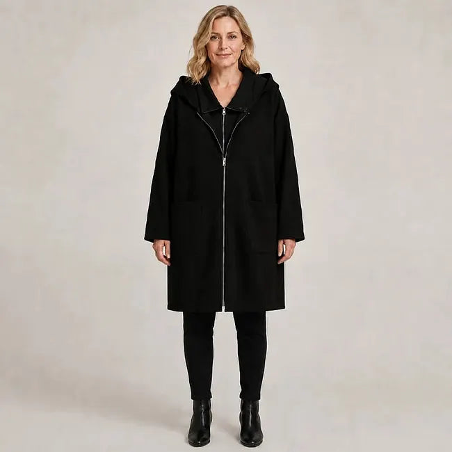 Manteau mi-long femme à capuche et fermeture zippée
