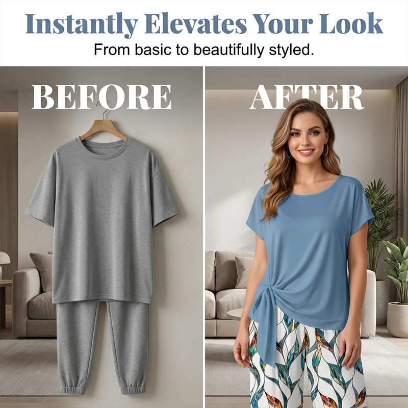 Ensemble femme deux pièces avec top noué et pantalon imprimé fluide