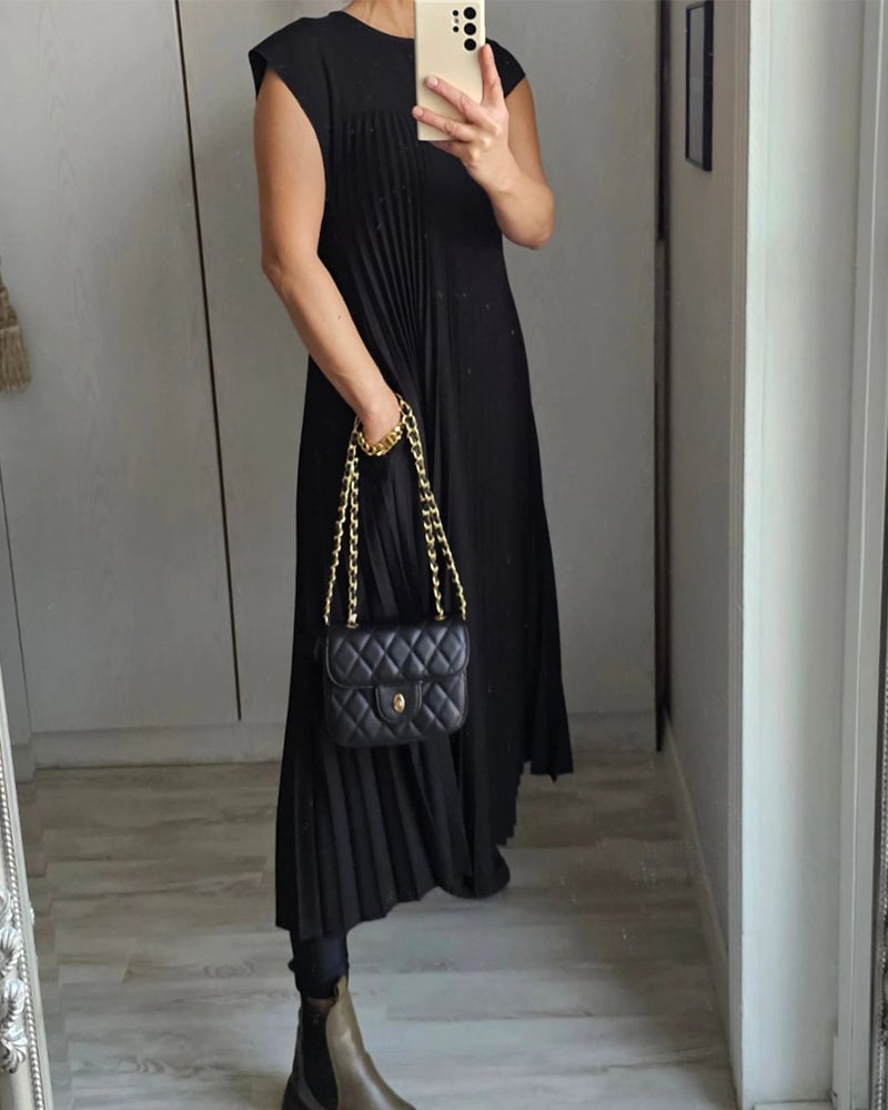 Robe femme longue fluide sans manches col rond avec poches – décontractée