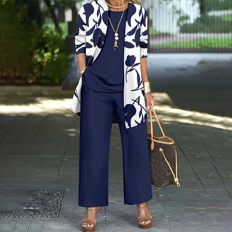 Ensemble femme trois pièces avec veste florale et pantalon