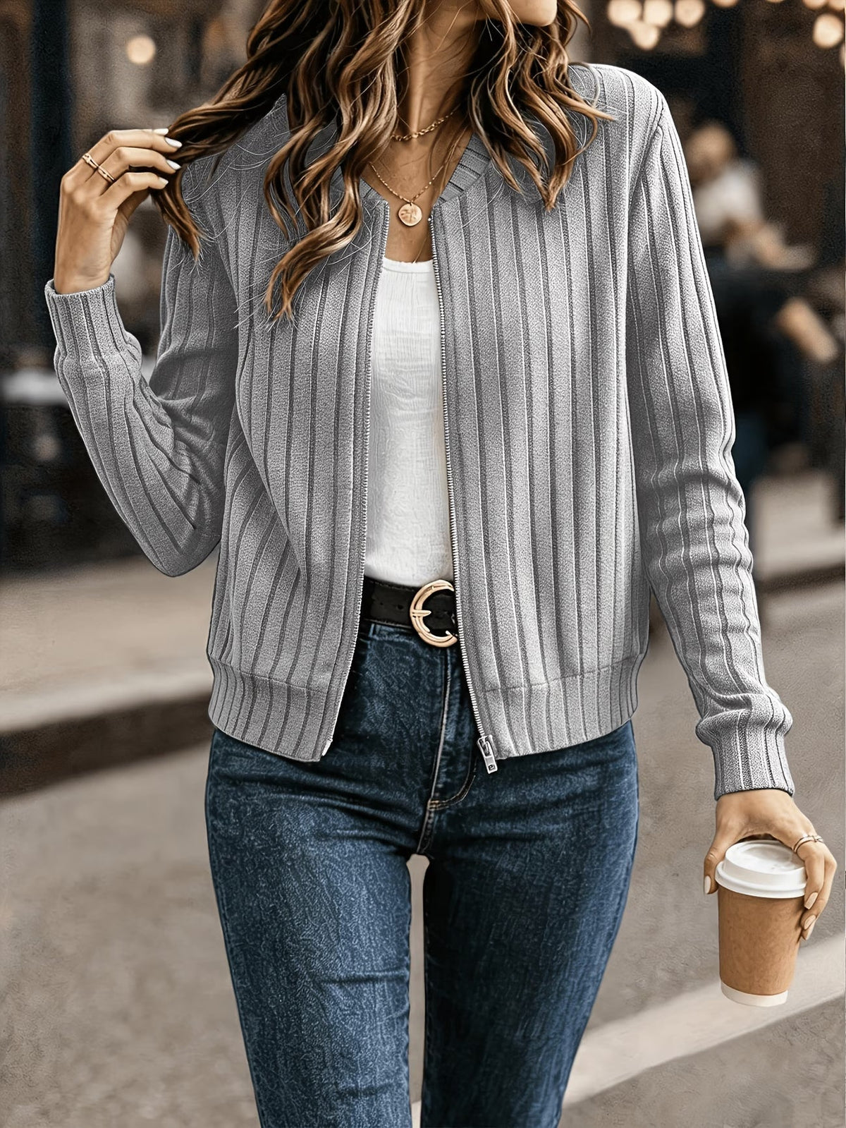 Cardigan femme côtelé avec fermeture zippée