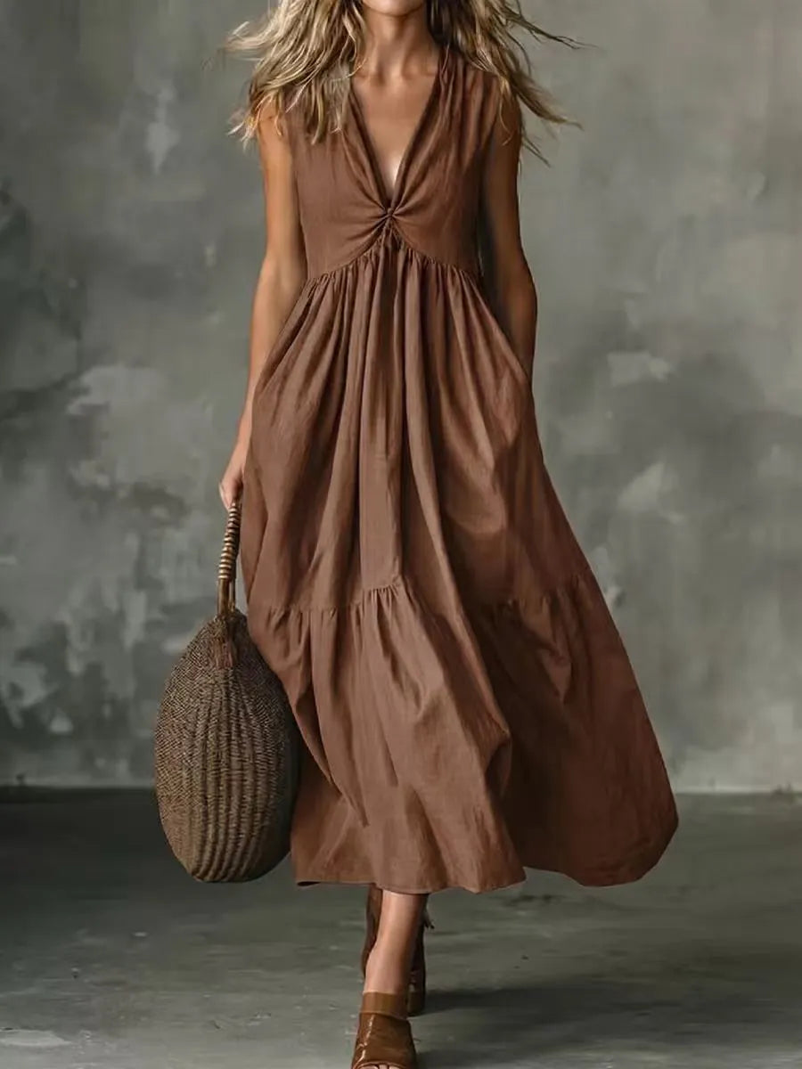 Robe midi femme sans manches à col V avec poches