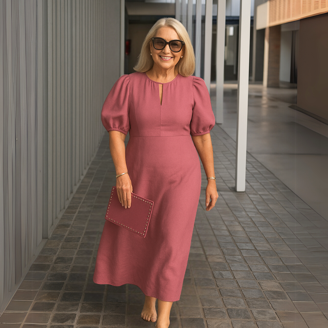Robe Femme Midi Élégante Col V Manches Bouffantes Fluide Chic