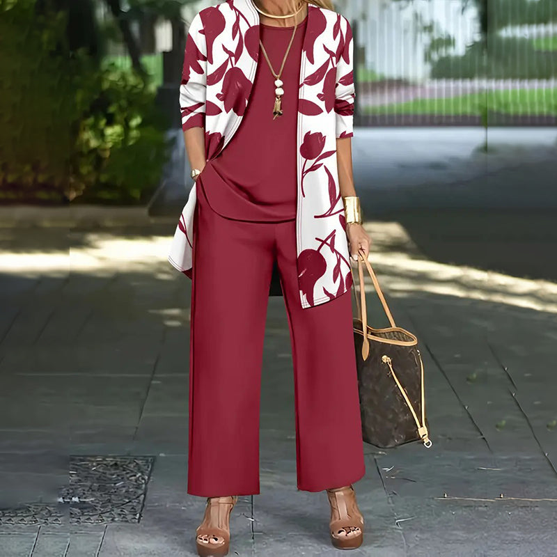 Ensemble femme trois pièces avec veste florale et pantalon