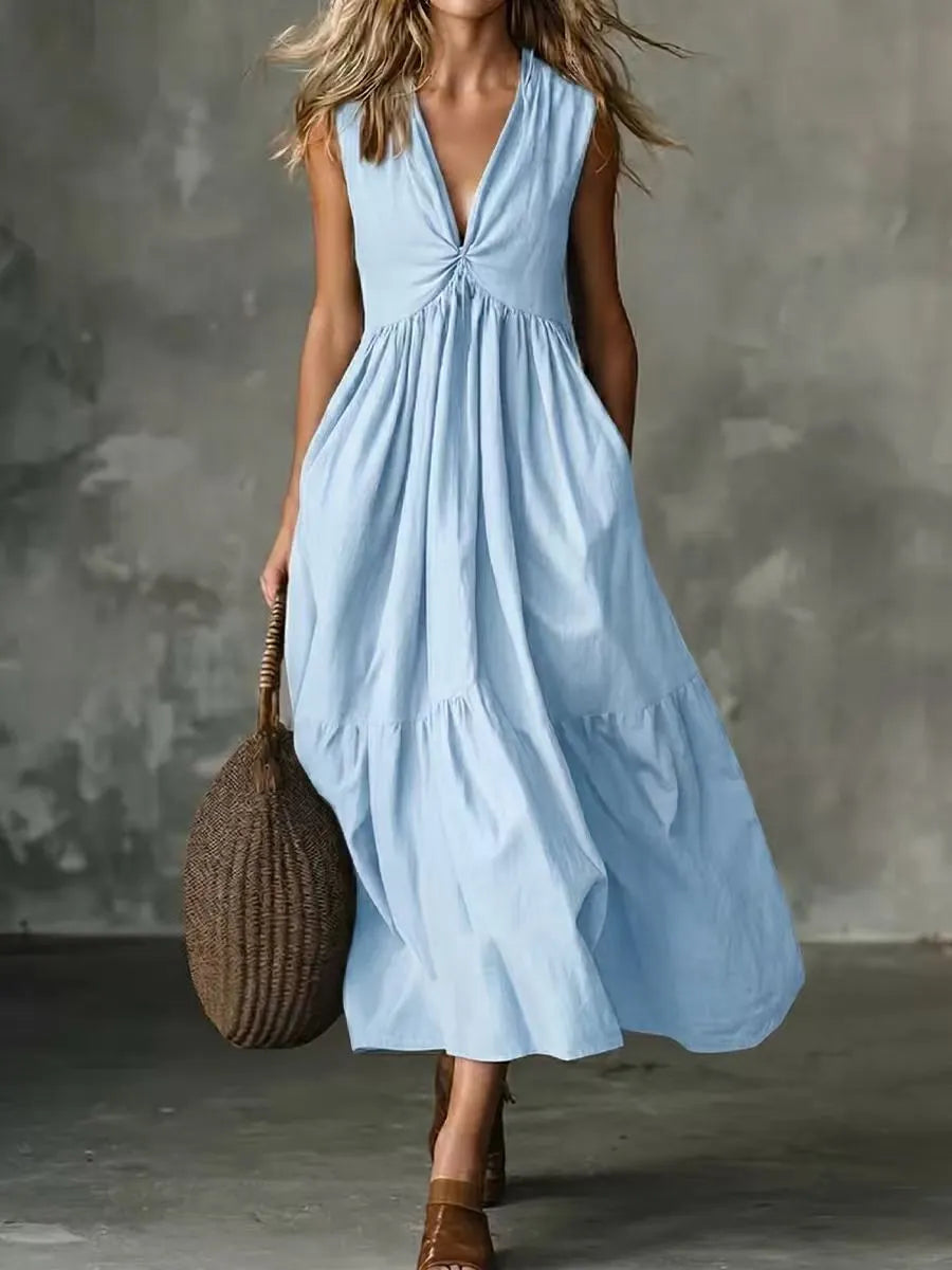 Robe midi femme sans manches à col V avec poches
