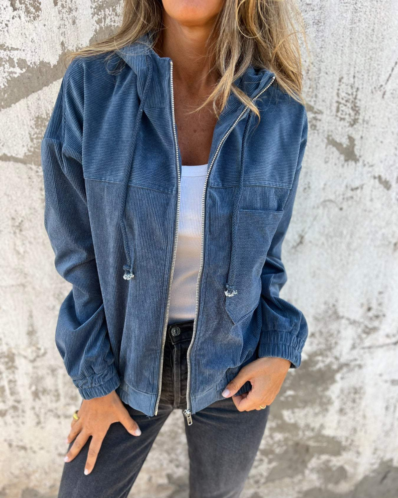 Veste femme en velours côtelé à capuche – veste zippée confortable mi-saison