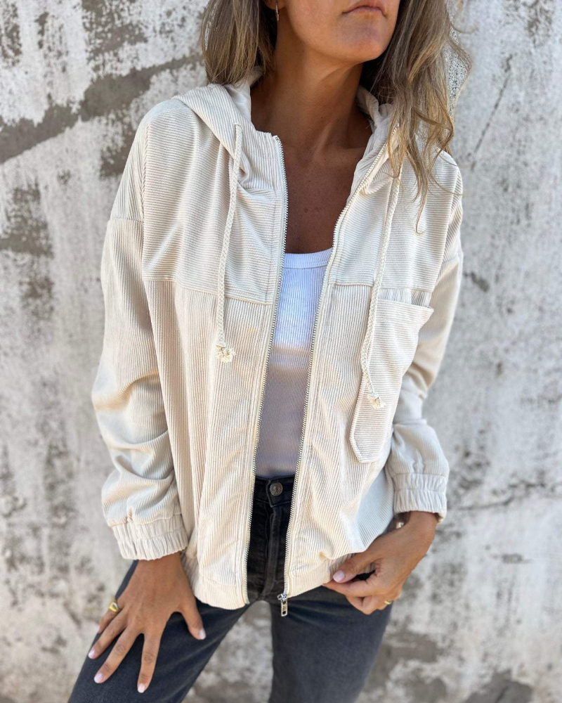 Veste femme en velours côtelé à capuche – veste zippée confortable mi-saison