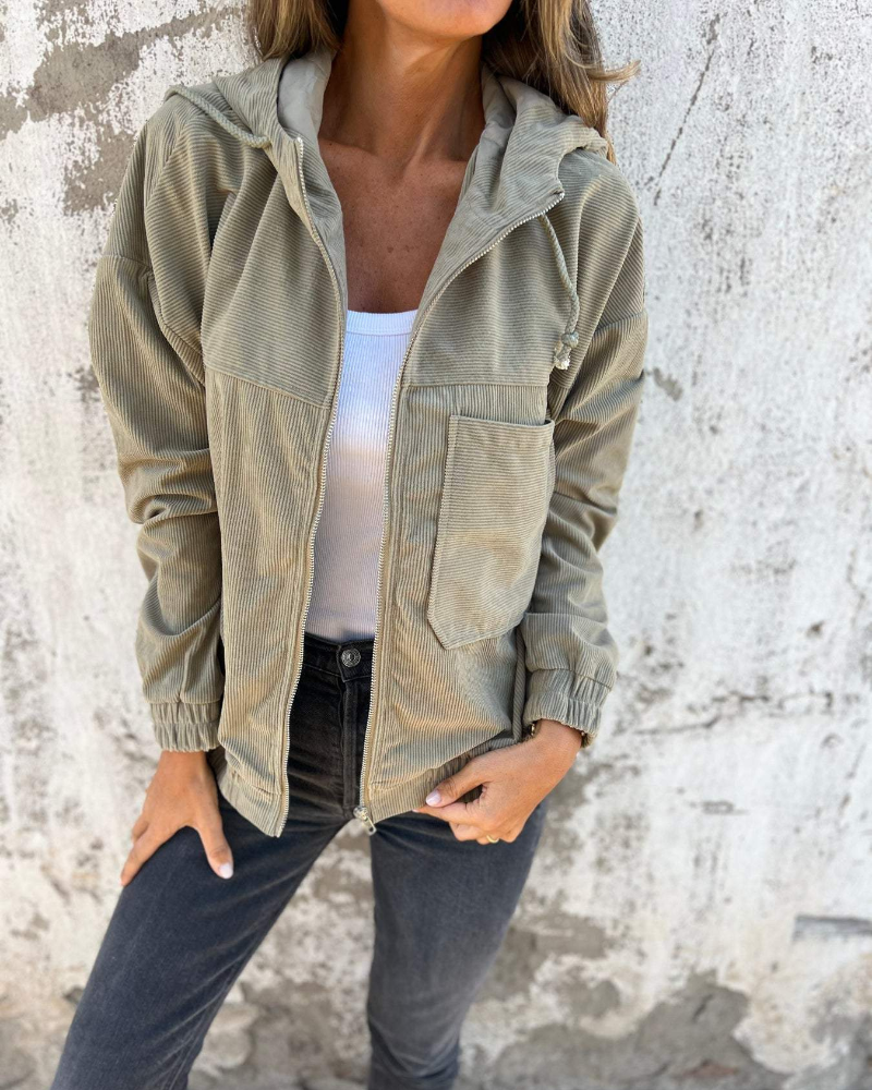 Veste femme en velours côtelé à capuche – veste zippée confortable mi-saison