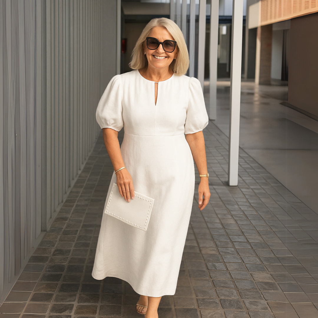 Robe Femme Midi Élégante Col V Manches Bouffantes Fluide Chic