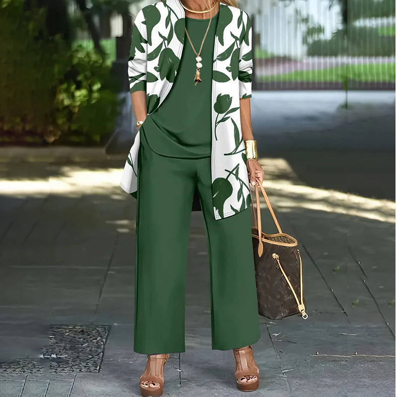 Ensemble femme trois pièces avec veste florale et pantalon