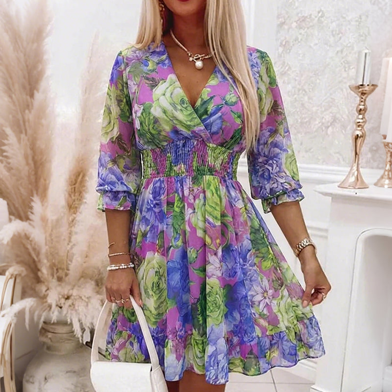Robe Courte Femme Fluide Fleurie Col V pour Style Léger et Élégant Été