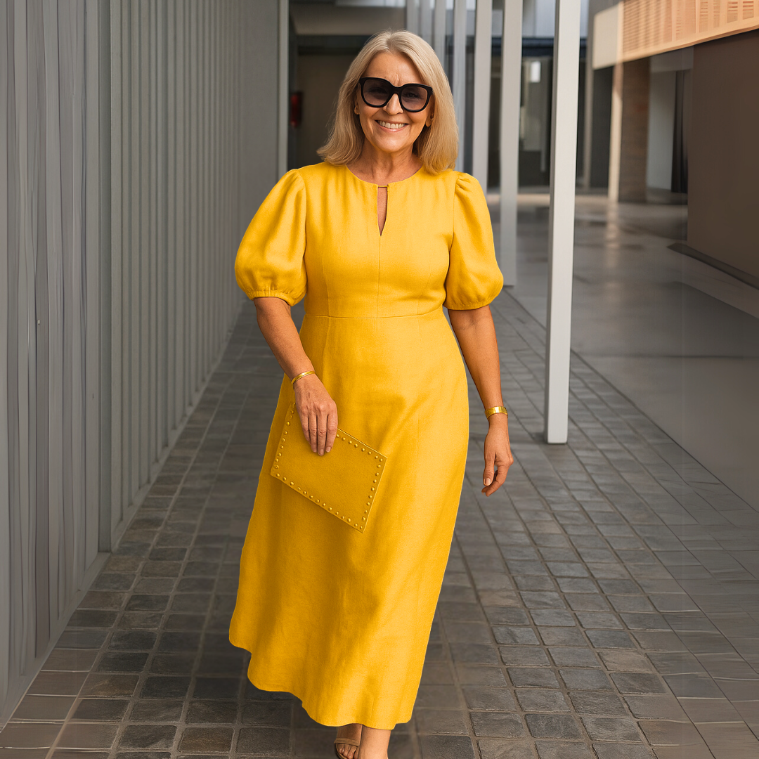 Robe Femme Midi Élégante Col V Manches Bouffantes Fluide Chic