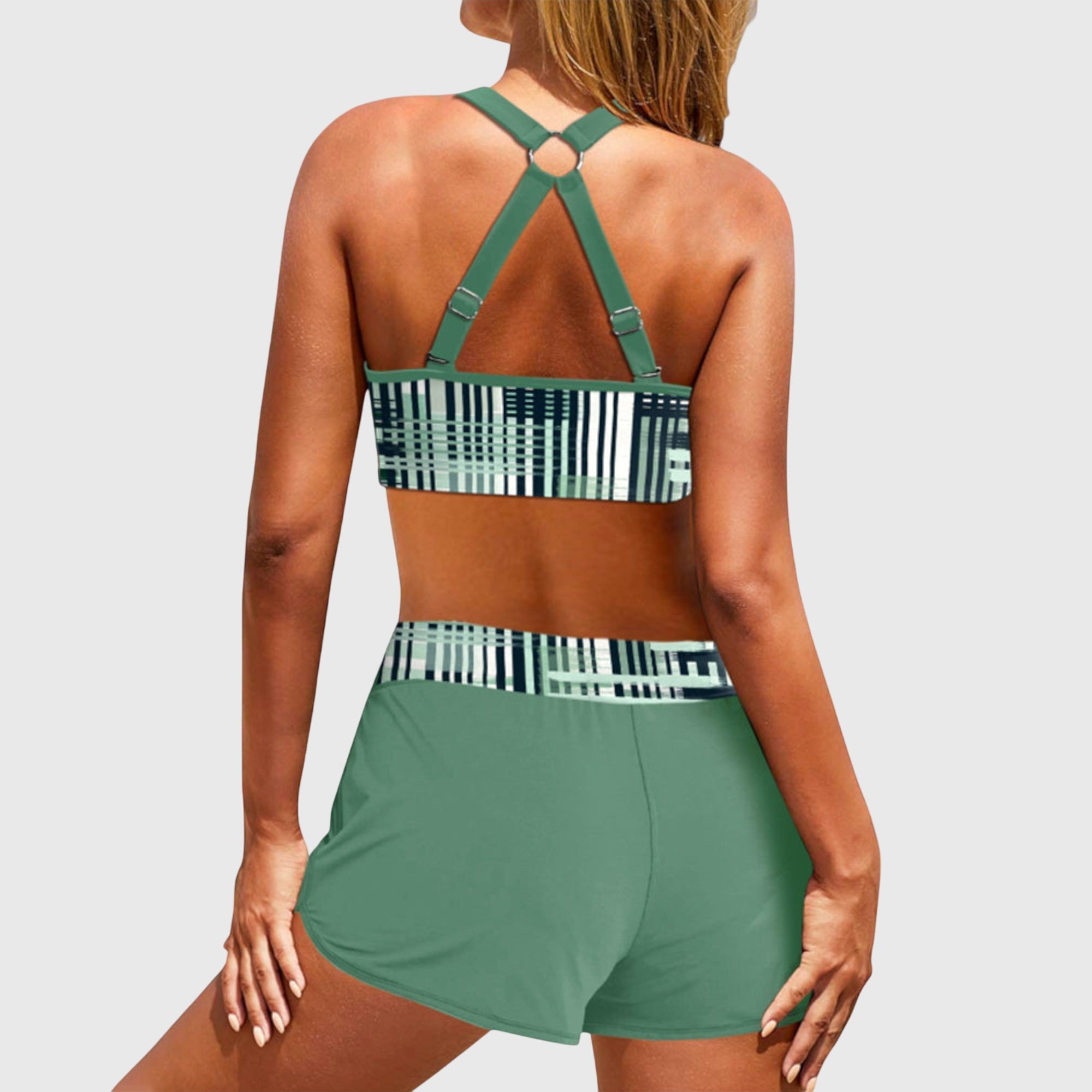 Bikini Deux Pièces Femme Top Imprimé Rayures Short Lacet Sportif