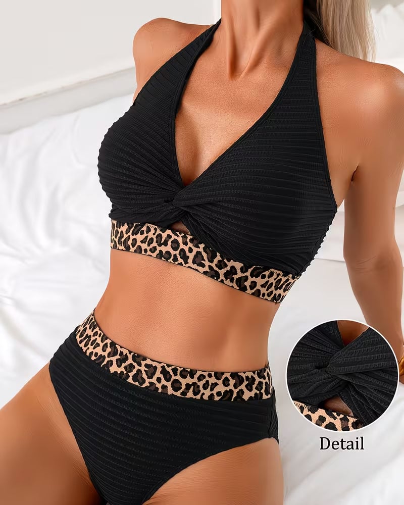 Bikini Femme Côtelé Léopard Taille Haute Halter