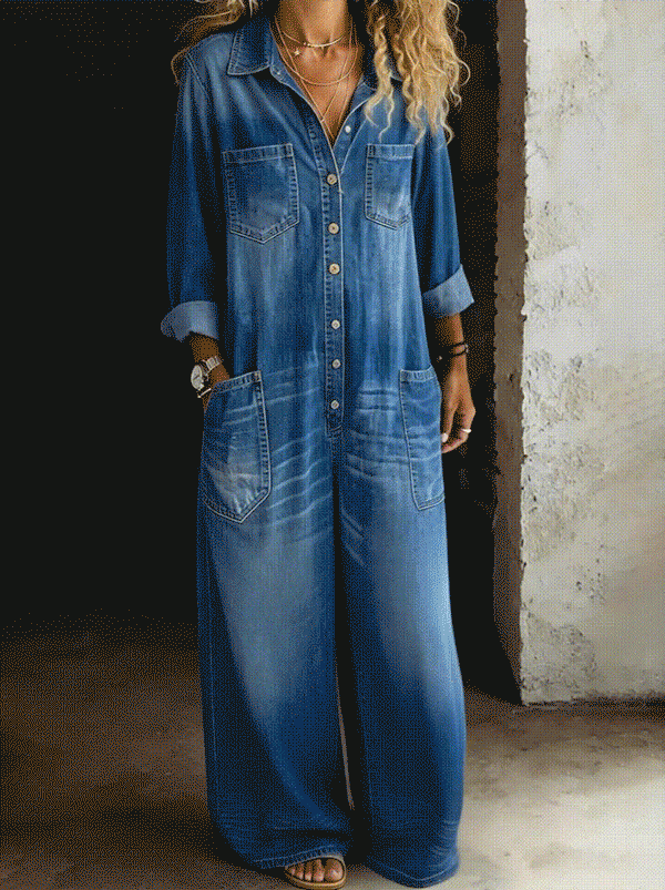 Combinaison Femme Denim Coupe Ample Boutonnée Style Décontracté