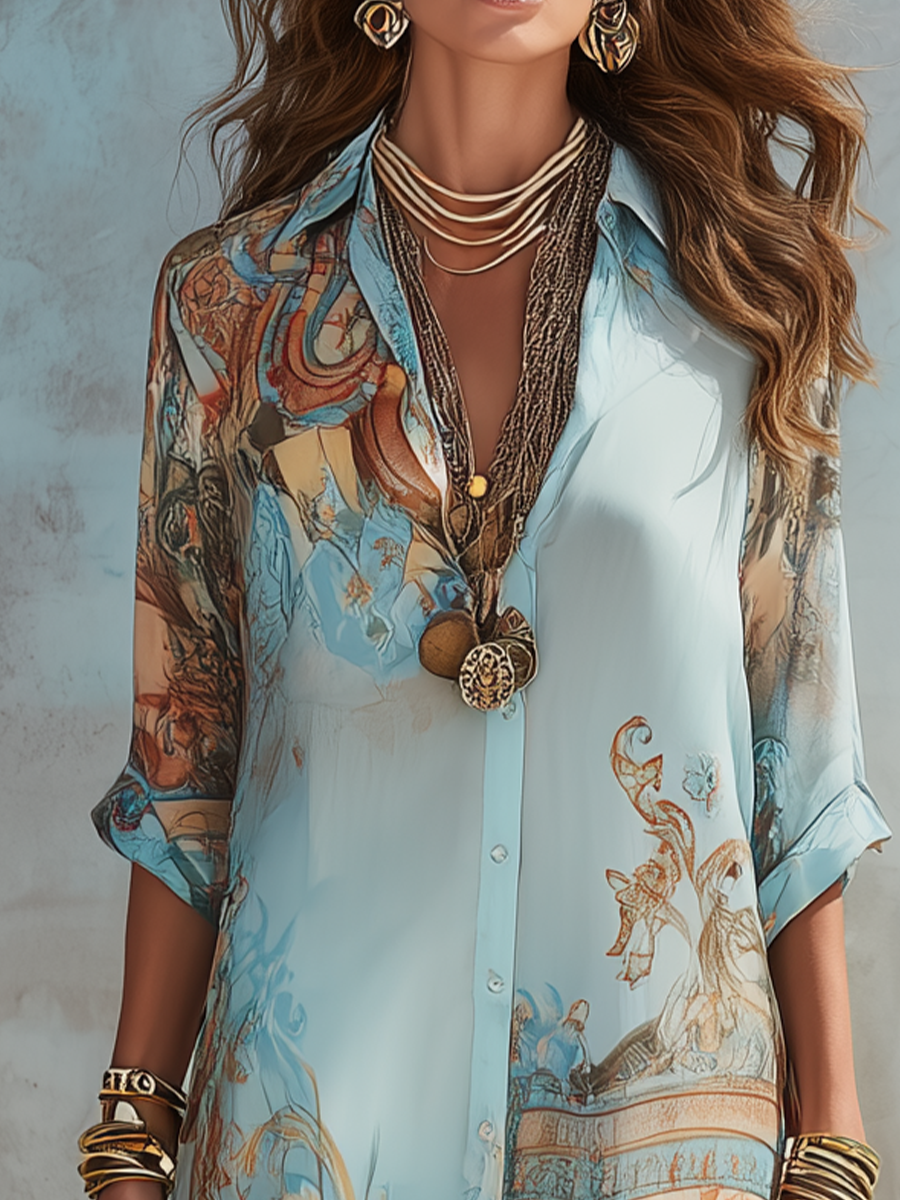 Robe chemise longue femme à imprimé artistique fluide