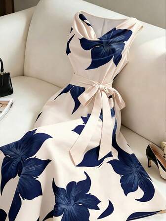 Robe midi femme sans manches à imprimé floral et taille nouée
