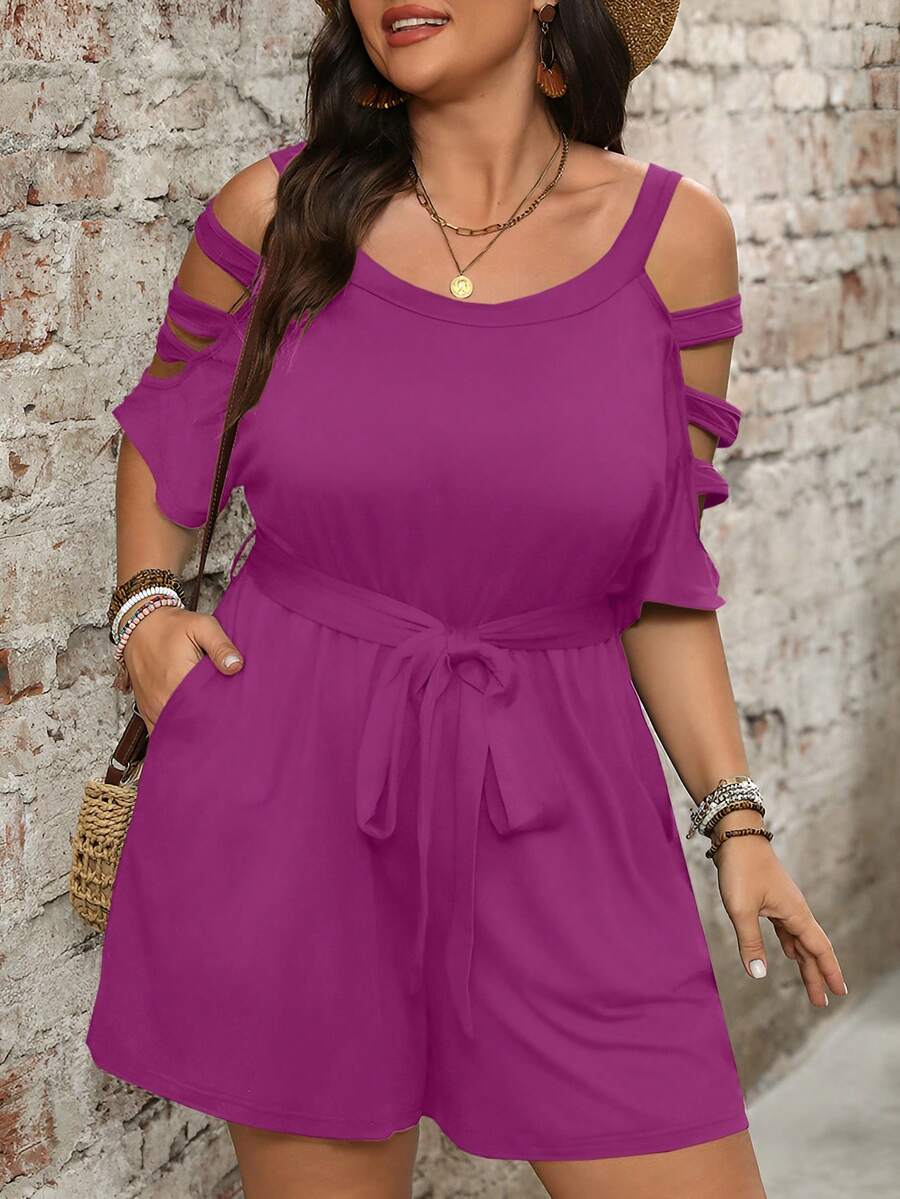 Combinaison short femme grande taille à épaules dénudées et taille ceinturée