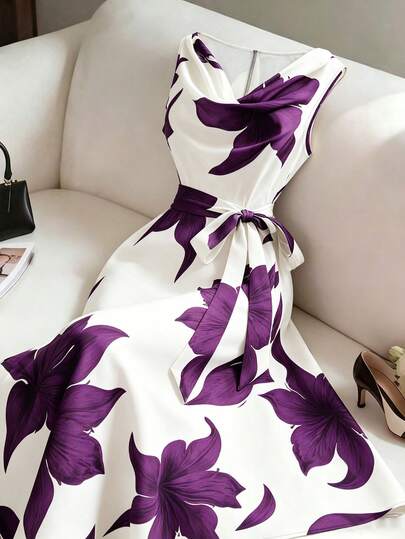 Robe midi femme sans manches à imprimé floral et taille nouée