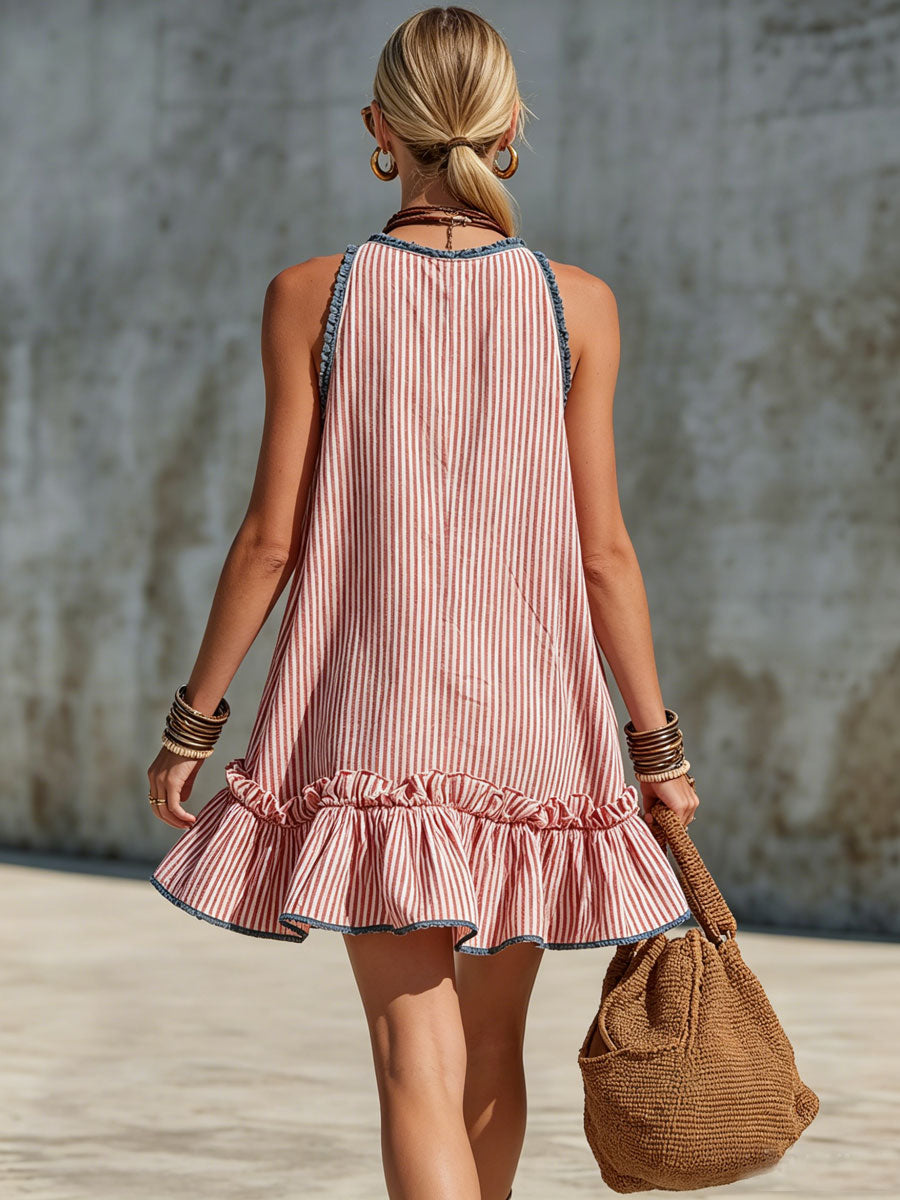 Robe mini femme rayée à col halter avec volants