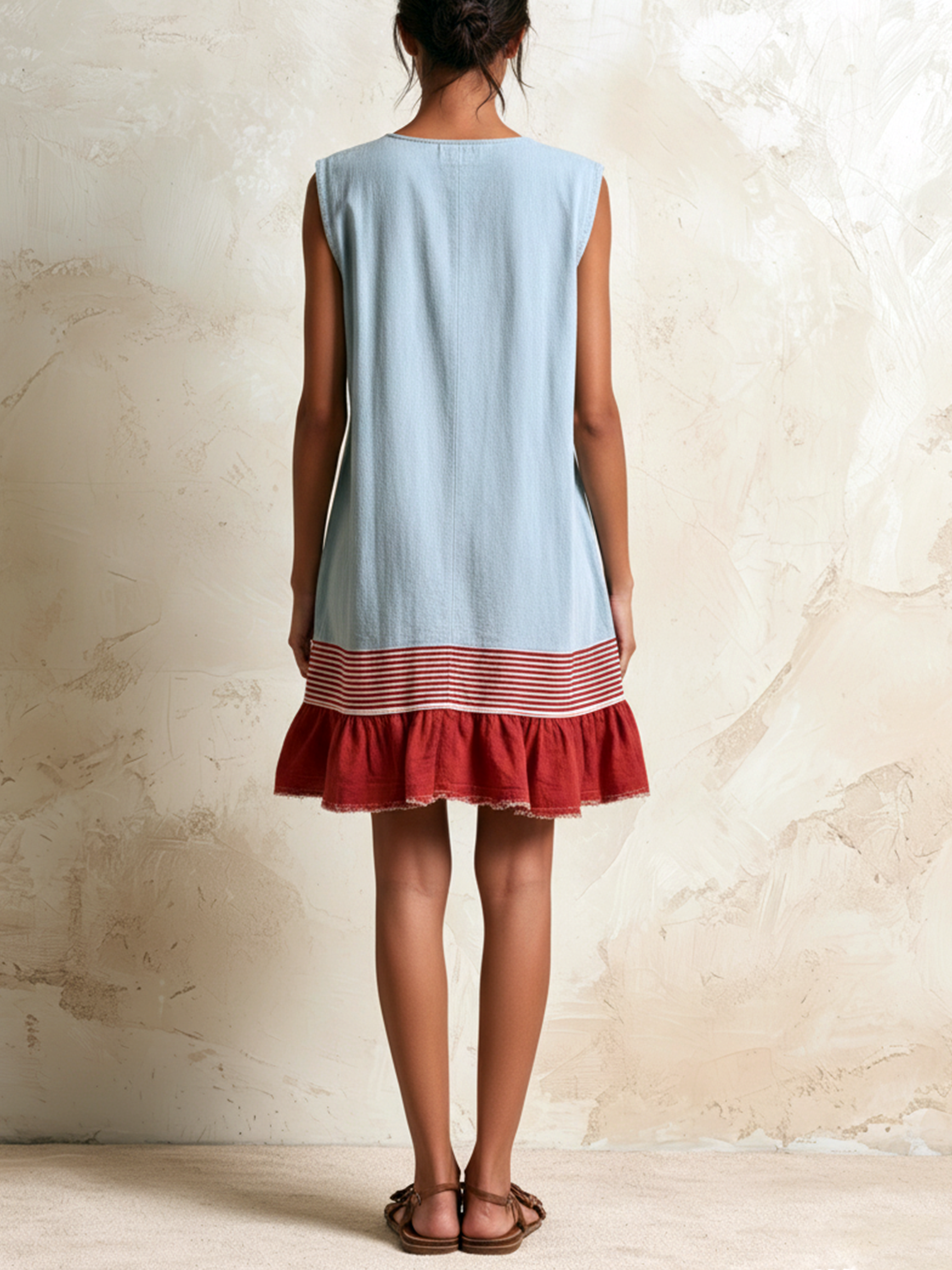 Robe tunique femme sans manches avec poches et ourlet froncé