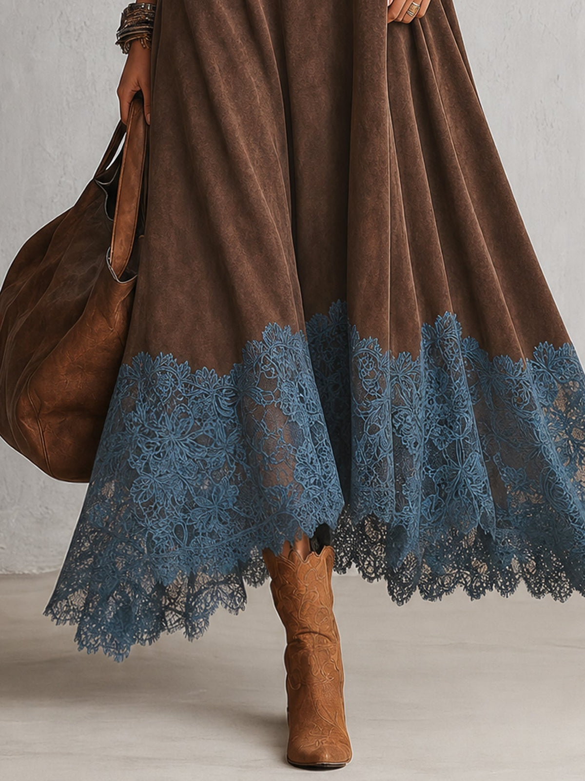Robe longue femme effet suédé avec dentelle