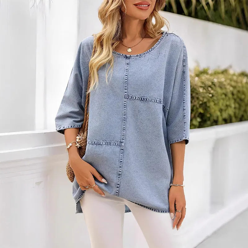 T-shirt femme effet denim avec coutures décoratives