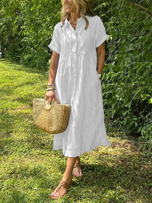 Robe Chemise Rayée Longue Coupe Fluide Avec Boutonnage Confort Quotidien