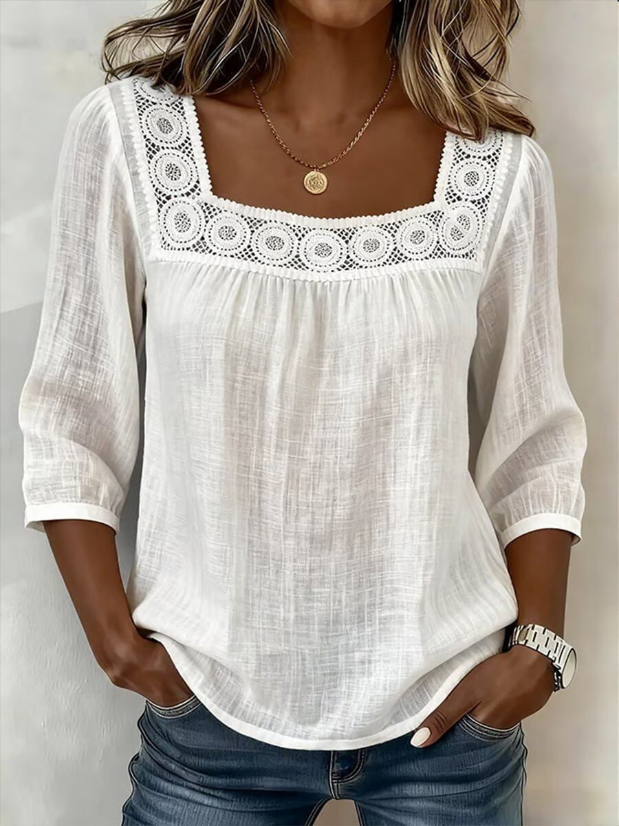 Blouse femme en coton et lin à décolleté carré avec dentelle raffinée