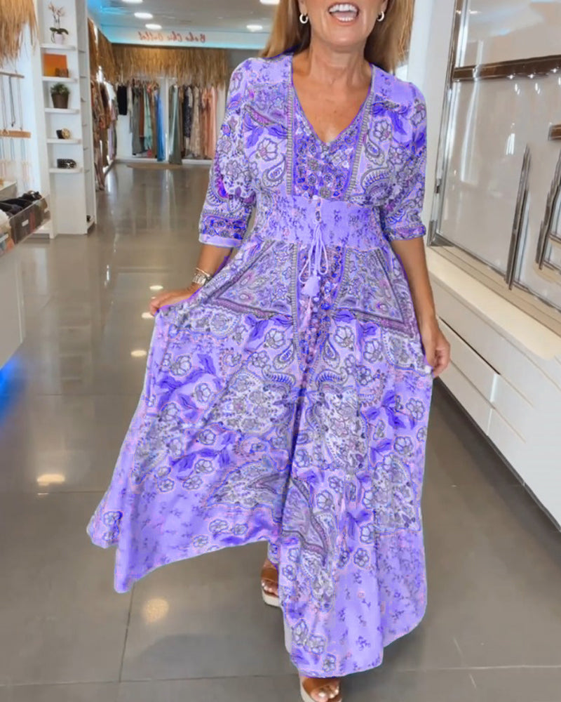 Robe maxi femme imprimée avec col V et taille ajustable