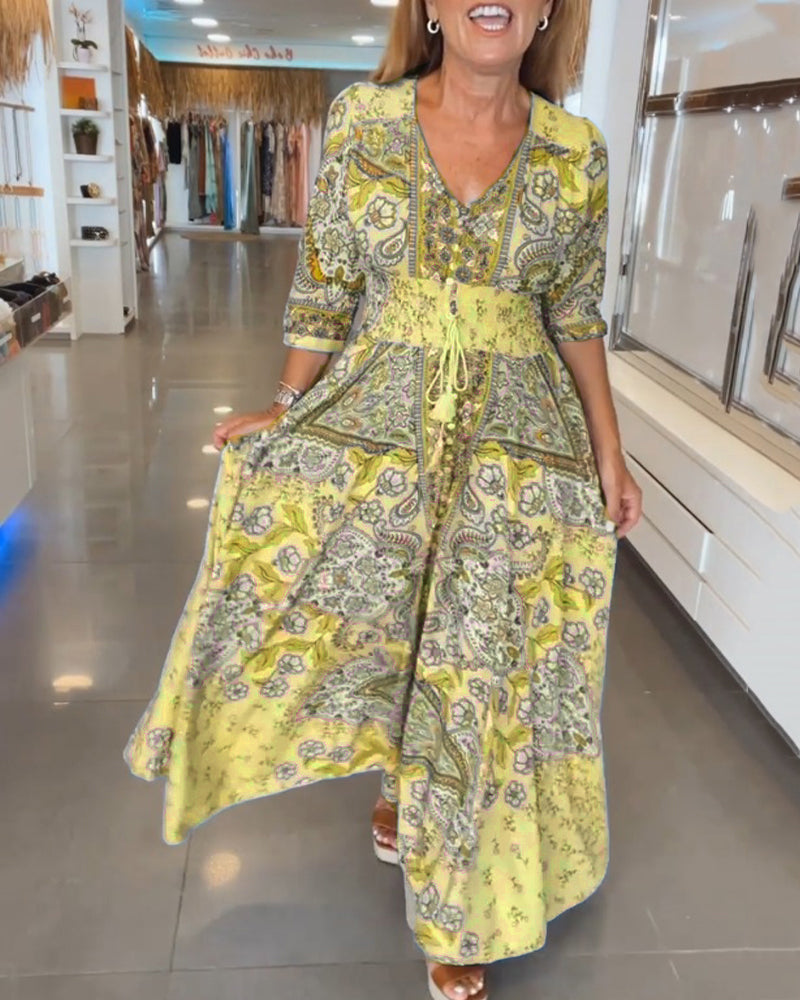 Robe maxi femme imprimée avec col V et taille ajustable