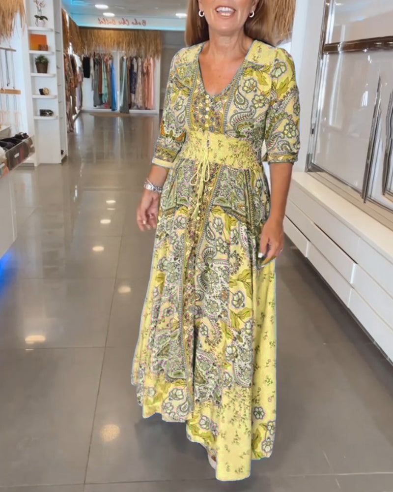 Robe maxi femme imprimée avec col V et taille ajustable