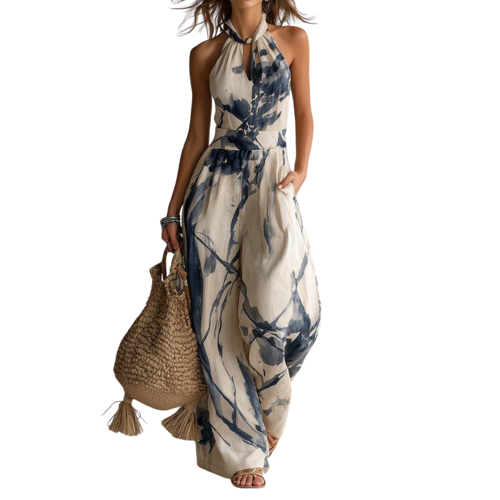 Combinaison femme à col halter avec imprimé artistique et jambes larges