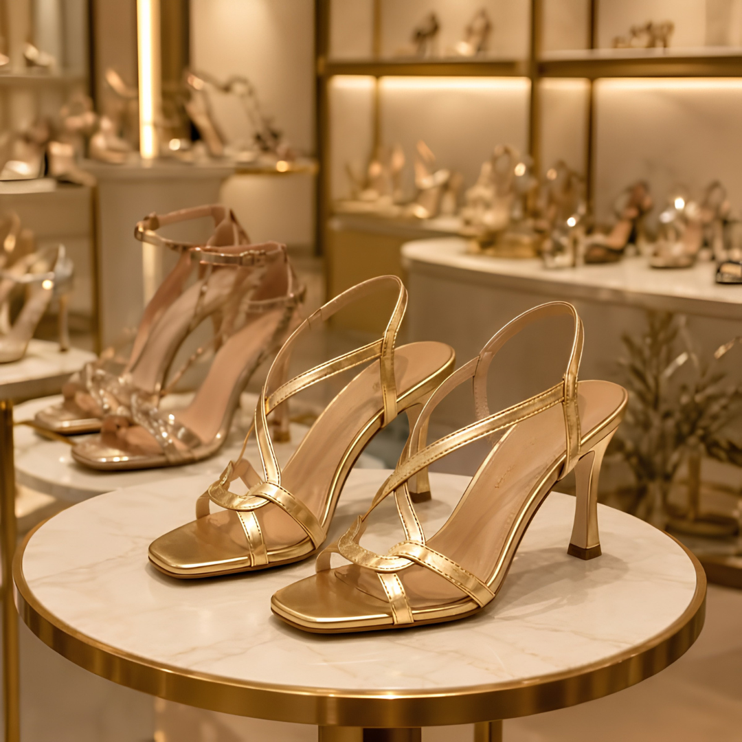 Sandales femme dorées à talons et lanières croisées