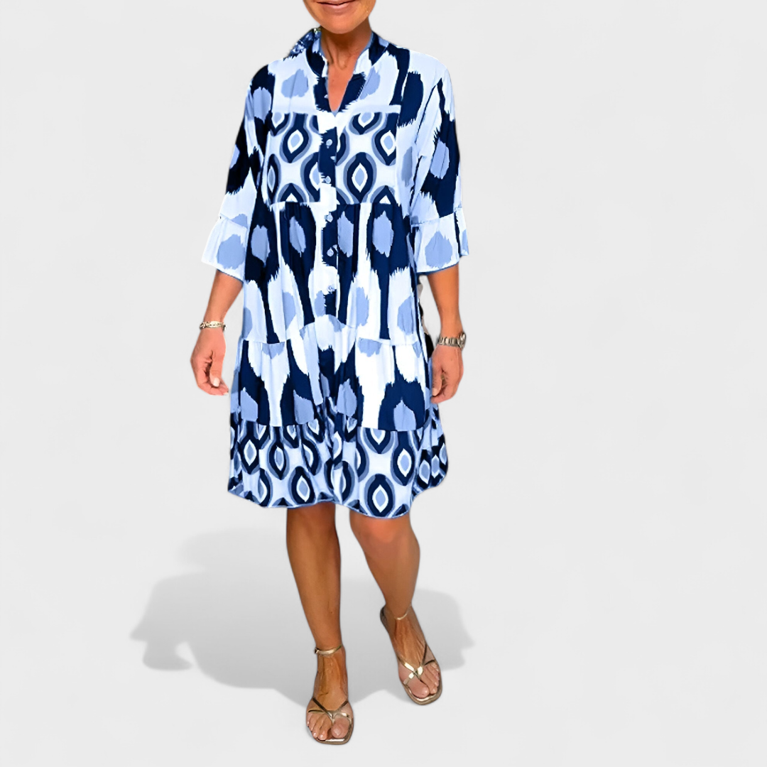 Robe Femme Ample Col V Boutonné Imprimé Géométrique Ikat Manches 3/4