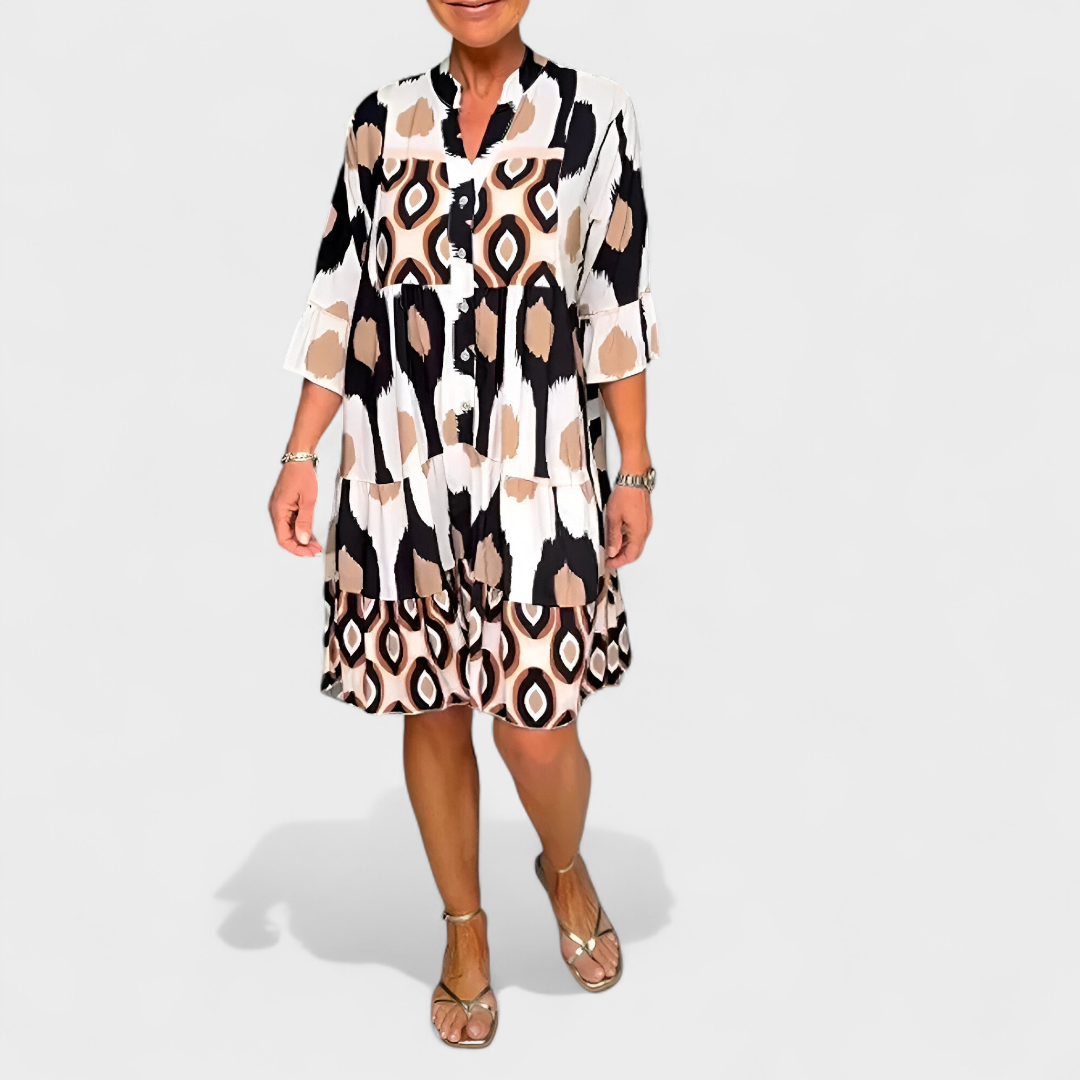 Robe Femme Ample Col V Boutonné Imprimé Géométrique Ikat Manches 3/4