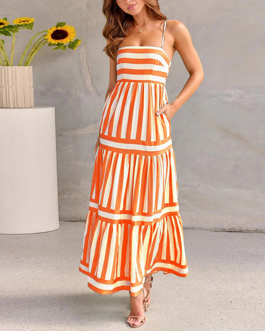 Robe Femme Rayée Longue Bretelles Coupe Fluide Été Élégante