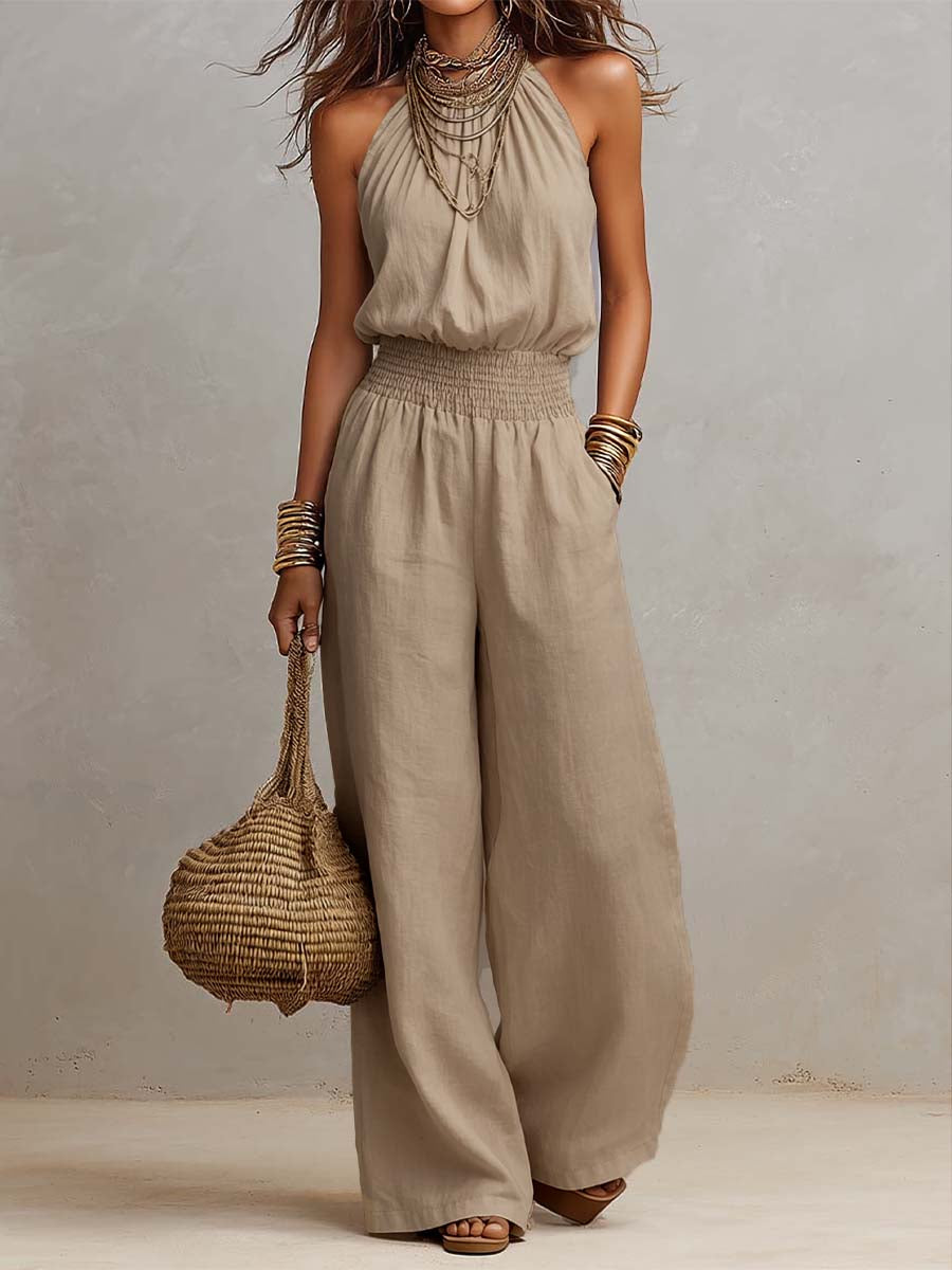 Combinaison femme halter fluide à jambes larges avec taille élastique