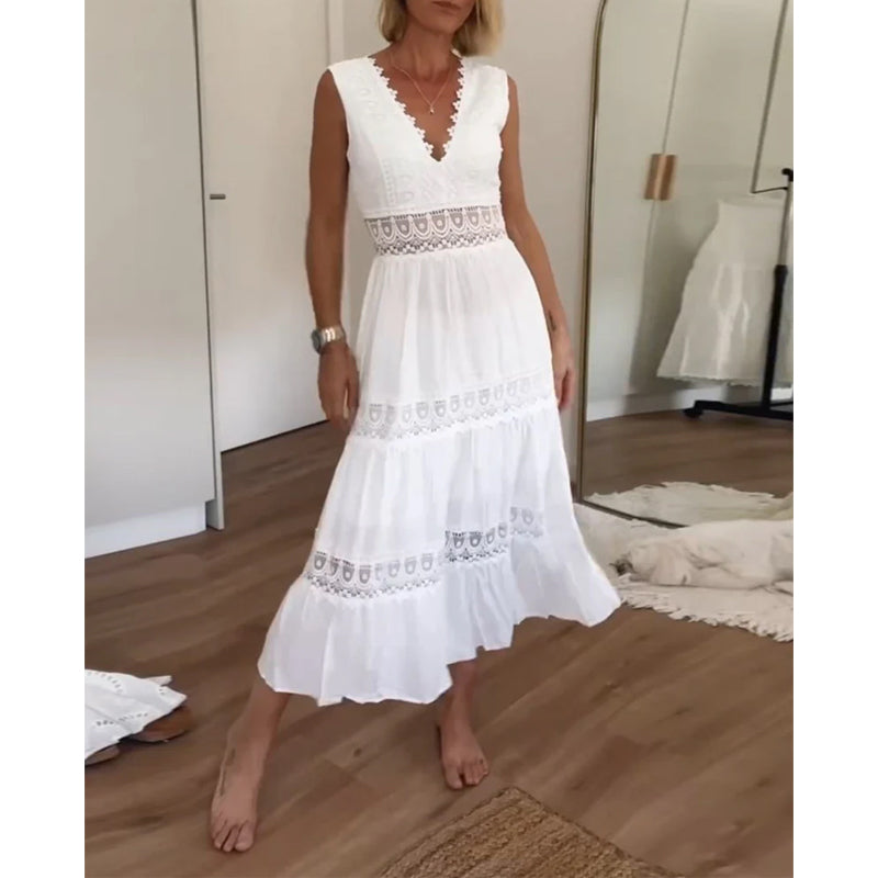Robe midi femme dentelle col V sans manches fluide élégante été