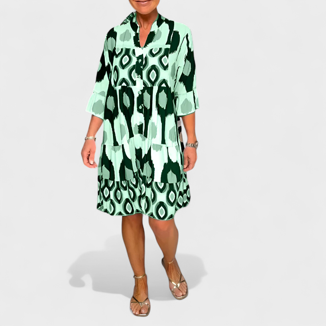 Robe Femme Ample Col V Boutonné Imprimé Géométrique Ikat Manches 3/4