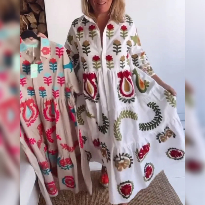 Robe femme midi imprimé floral graphique à col revers – style fluide été