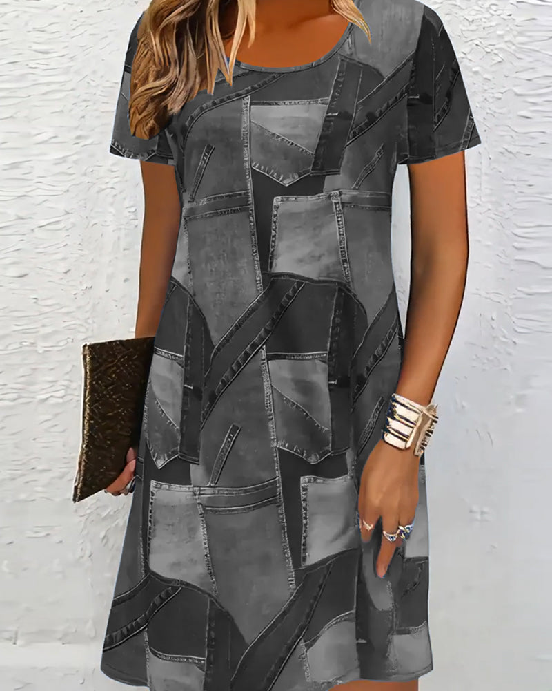 Robe Femme Décontractée Imprimée Coupe Droite Manches Courtes pour Style Estival Confortable