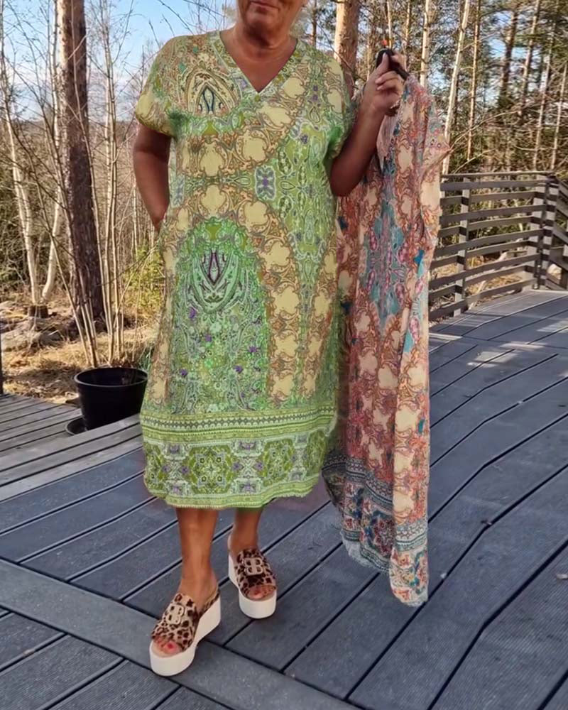 Robe Femme Midi Imprimée Col V Coupe Droite Confort Été