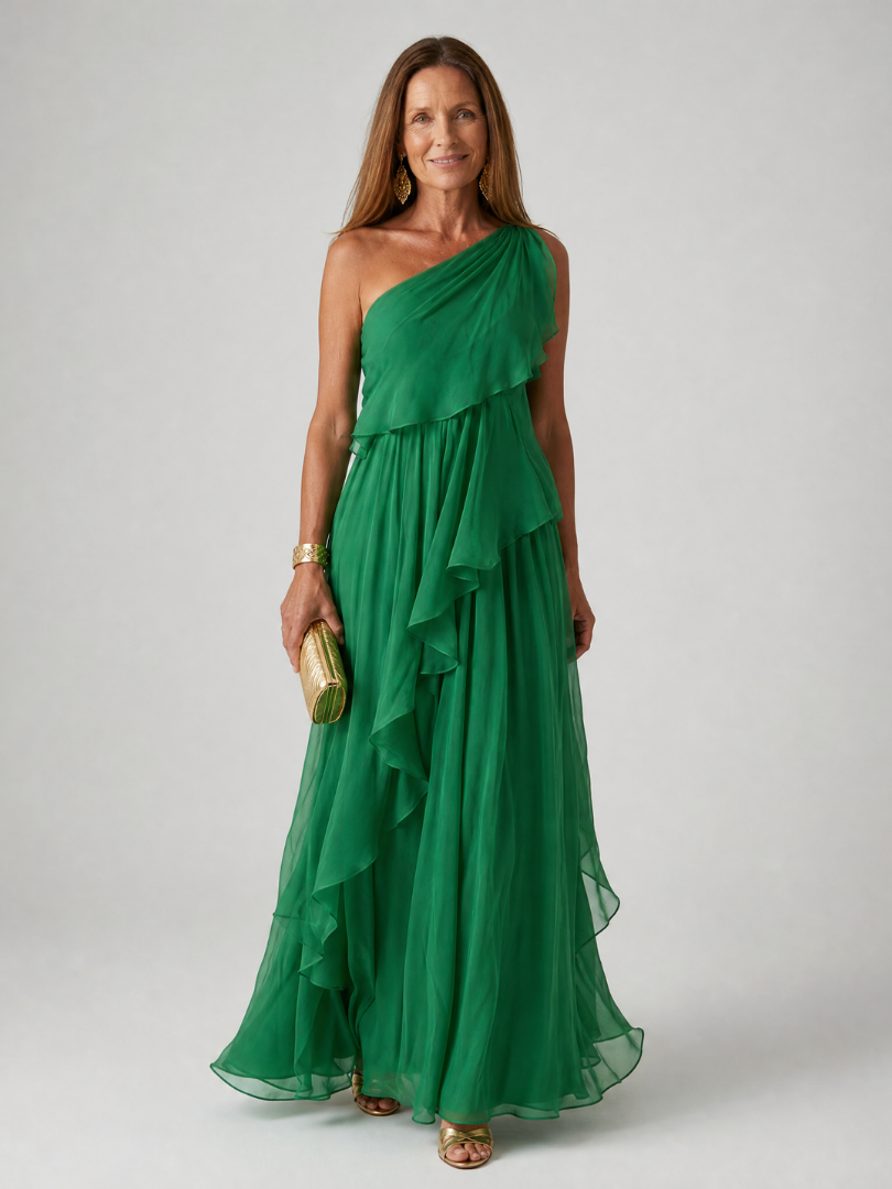 Robe maxi femme asymétrique à volants en mousseline