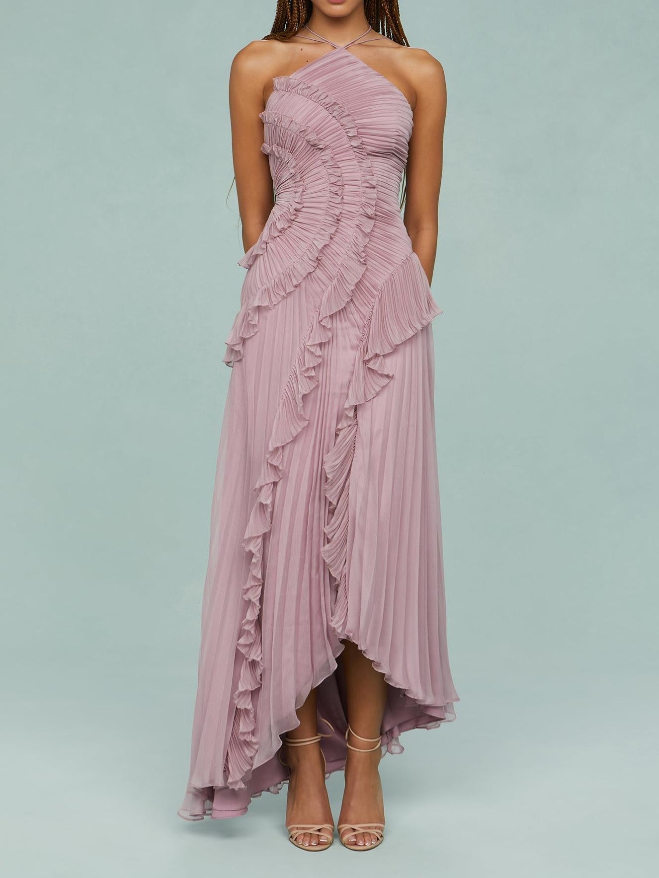 Robe Longue Plissée Femme avec Volants Asymétriques Élégants