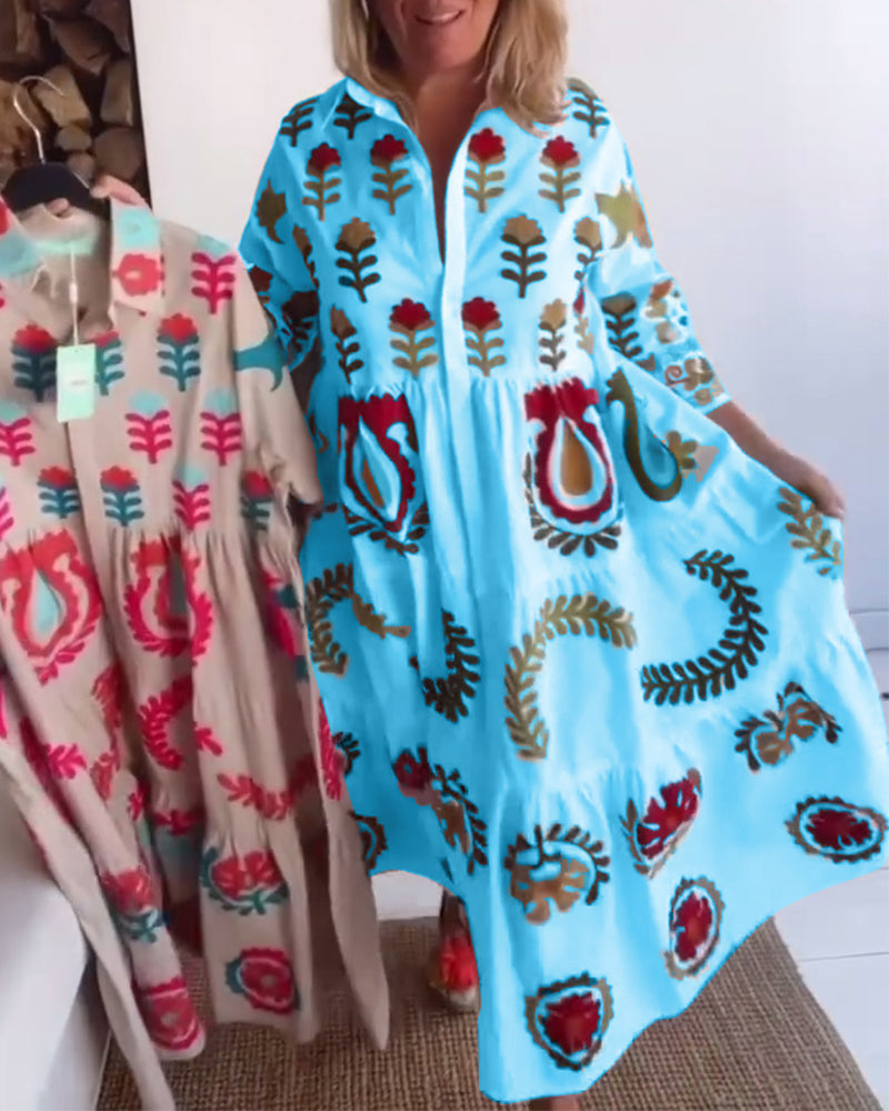 Robe femme midi imprimé floral graphique à col revers – style fluide été