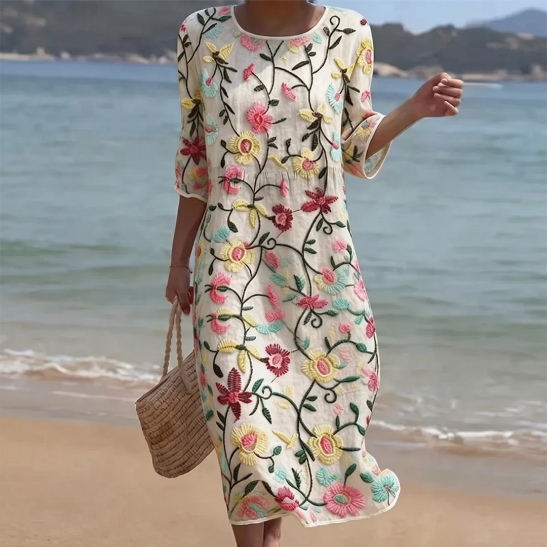 Robe femme midi à fleurs brodées multicolores et coupe fluide