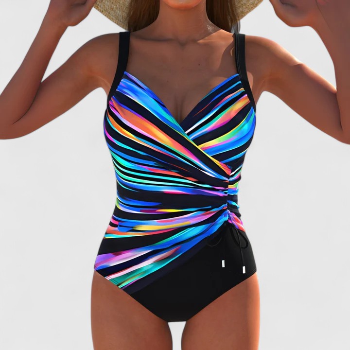 Maillot de Bain Une Pièce Femme Col V Croisé Rayures Irisées Lien Latéral