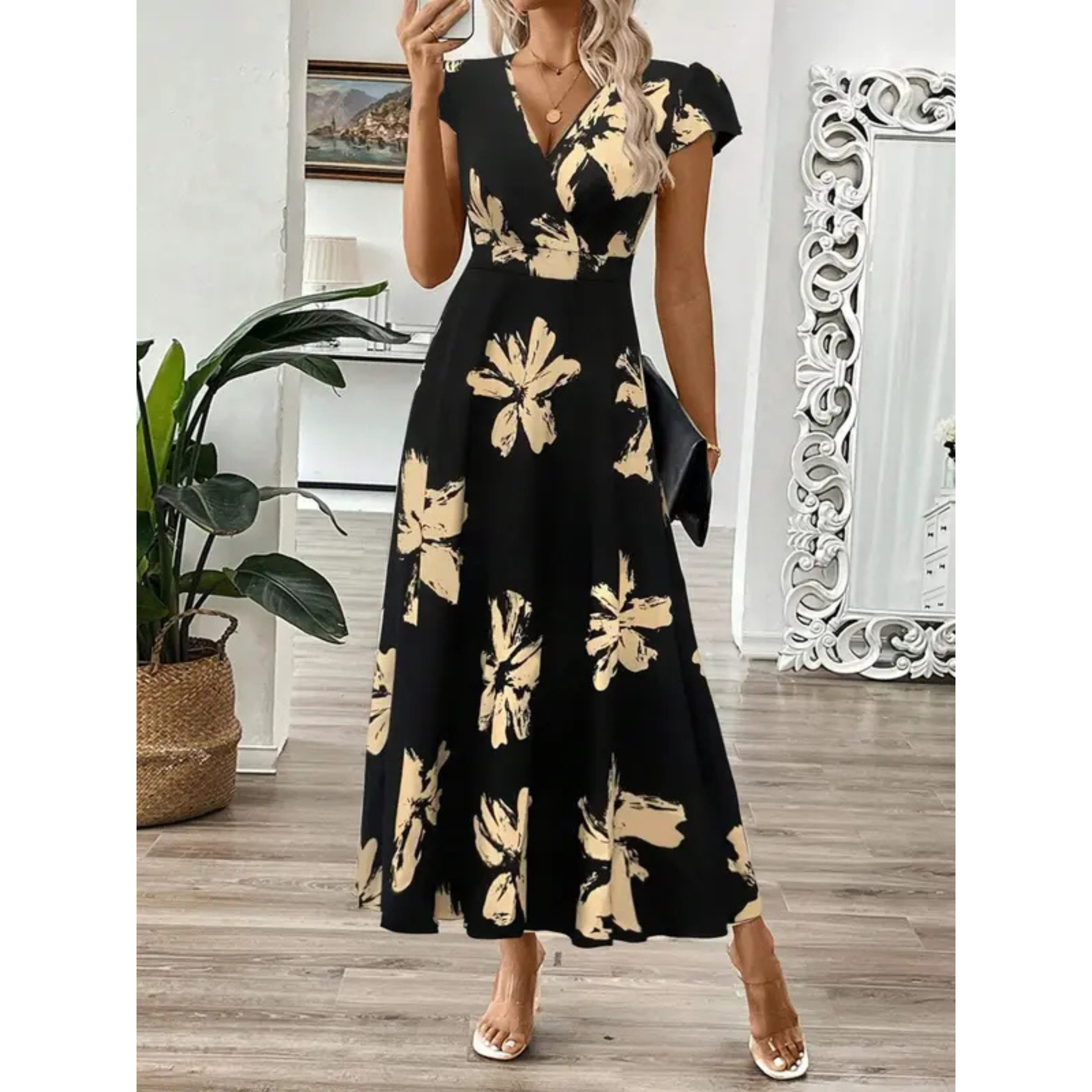 Robe Maxi Fleurie Femme Élégante à Décolleté Croisé